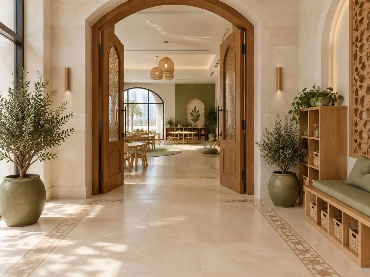 Illustrative photo: a welcoming kindergarten entrance with arched wooden doors, olive trees and a low bench