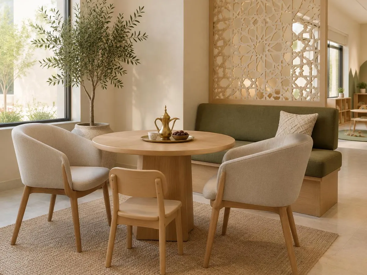 Illustrative photo: a calm parent meeting nook with Arabic coffee and dates