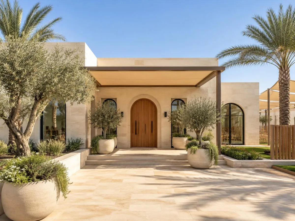 Illustrative photo: a cream stone kindergarten building with an arched wooden door, olive trees and palms