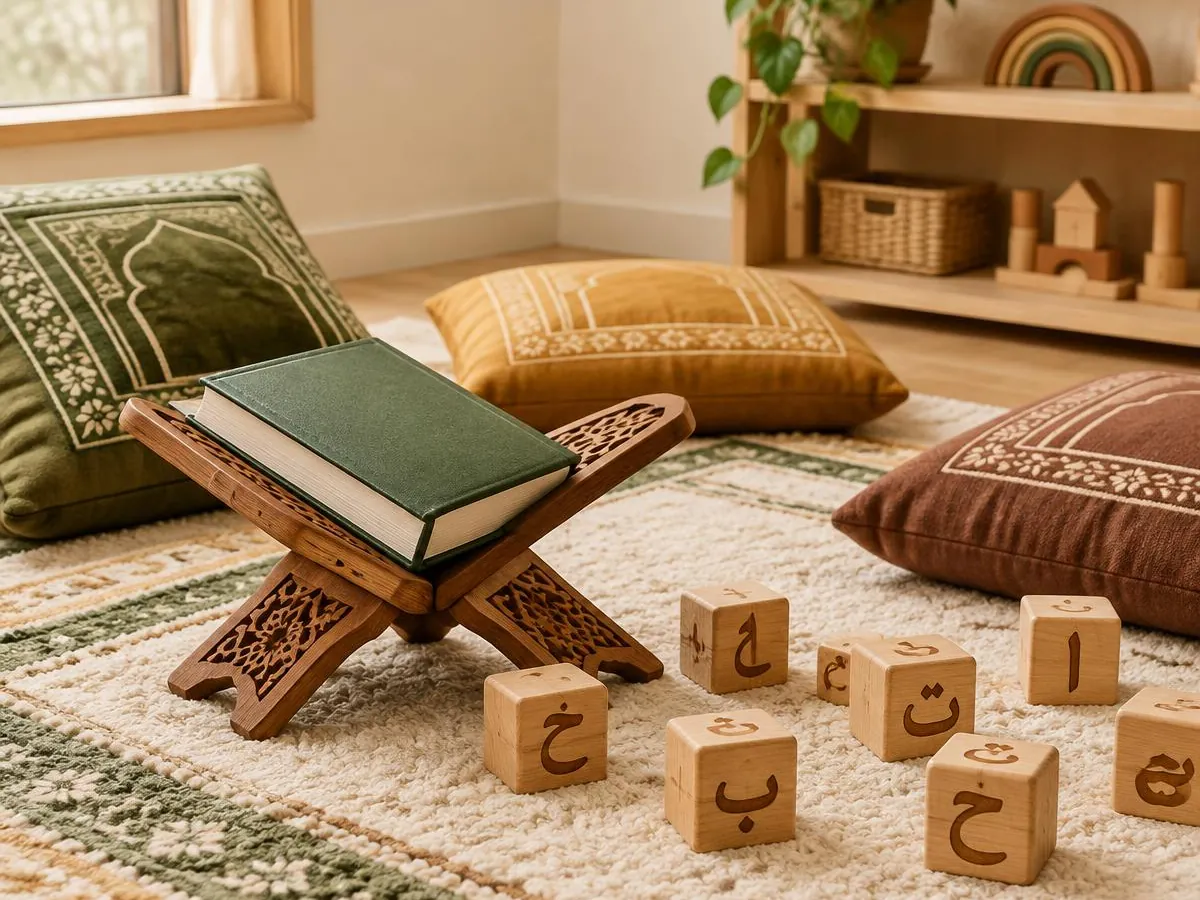 Illustrative photo: an Arabic letters and Quran corner with a wooden rehal stand, letter blocks and prayer-rug-patterned cushions