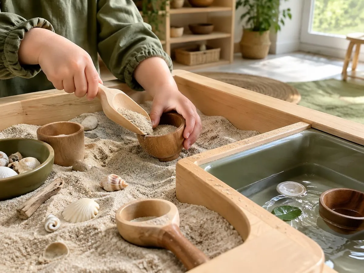 Illustrative photo: a child's hands scooping sand at a wooden sand and water play table