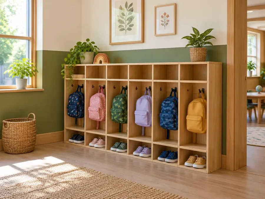 Illustrative photo: wooden cubbies with small backpacks and shoes