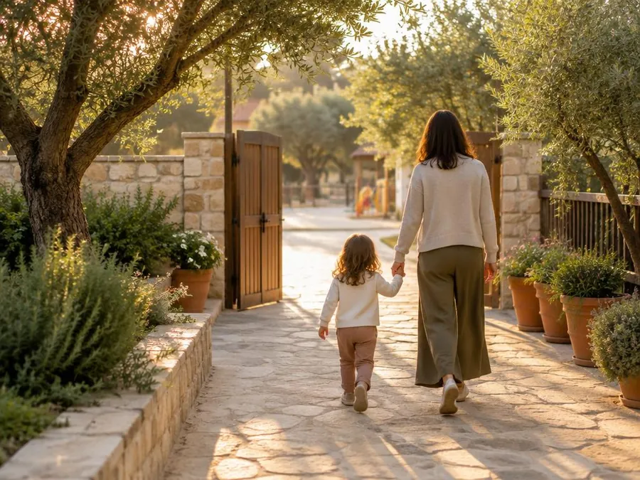 Illustrative photo: a child and parent, seen from behind, walking hand in hand along a garden path