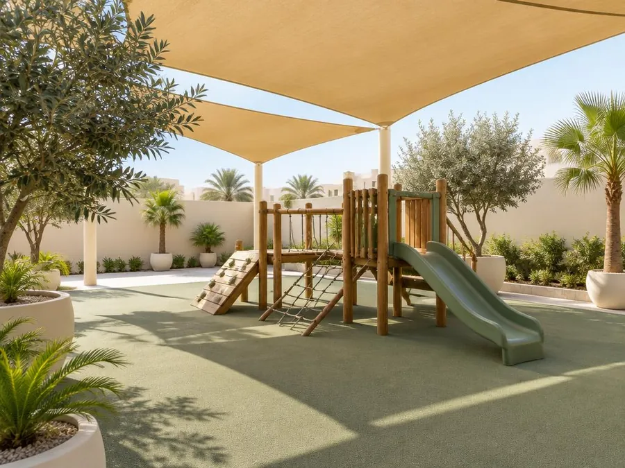 Illustrative photo: a shaded outdoor play area with a wooden climbing frame and slide
