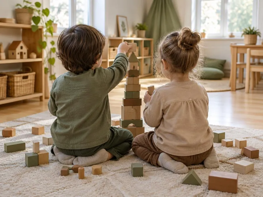 Illustrative photo: two children, seen from behind, building a tower of wooden blocks
