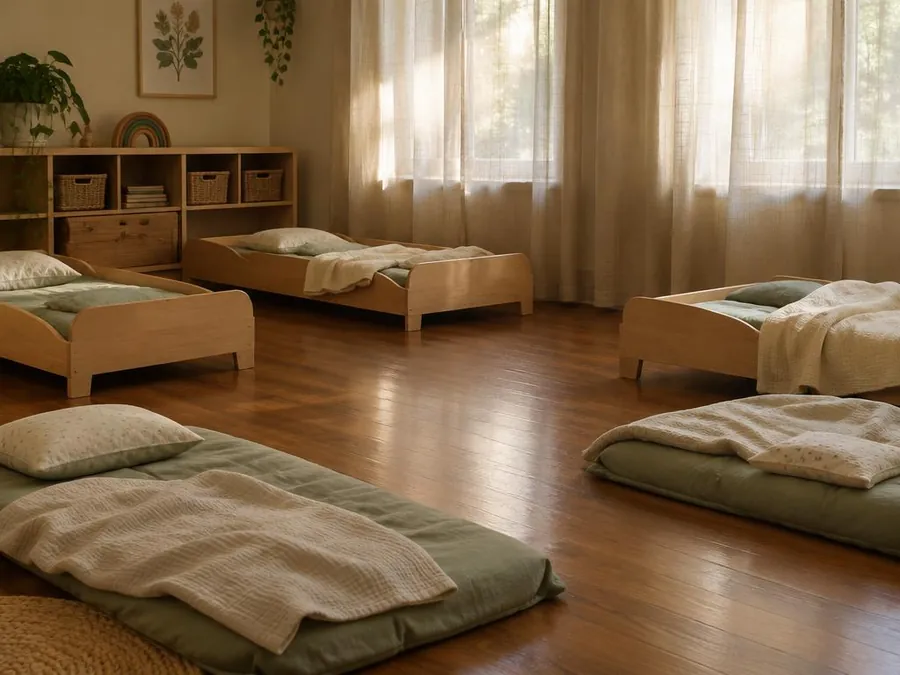 Illustrative photo: a calm rest room with low beds and soft green blankets