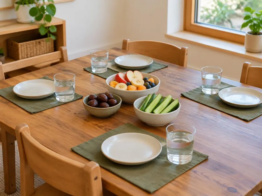 Illustrative photo: a snack table set with fruit, dates, cucumber and water