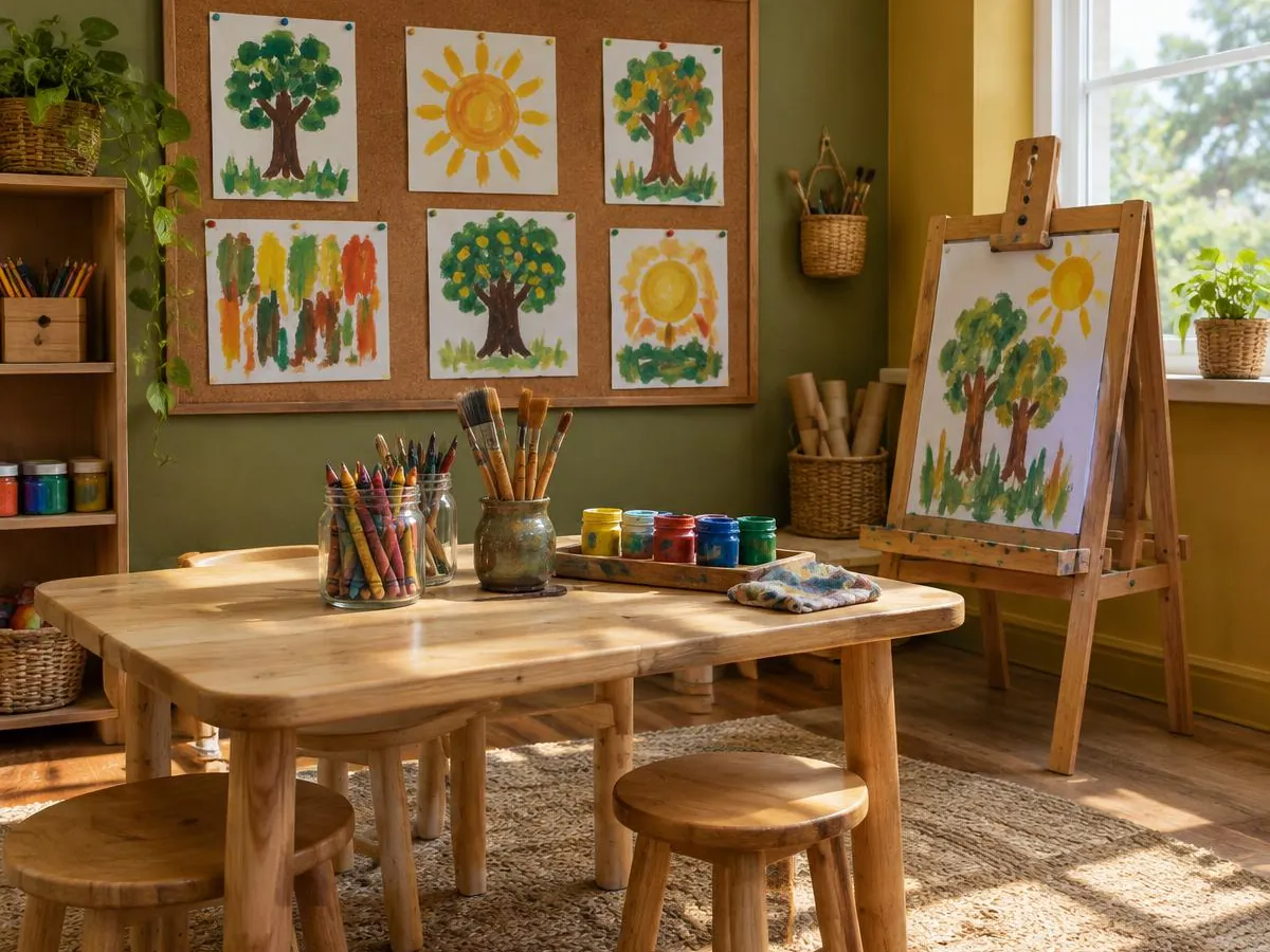 Illustrative photo: an art corner with crayons, paint pots, an easel and children's tree paintings