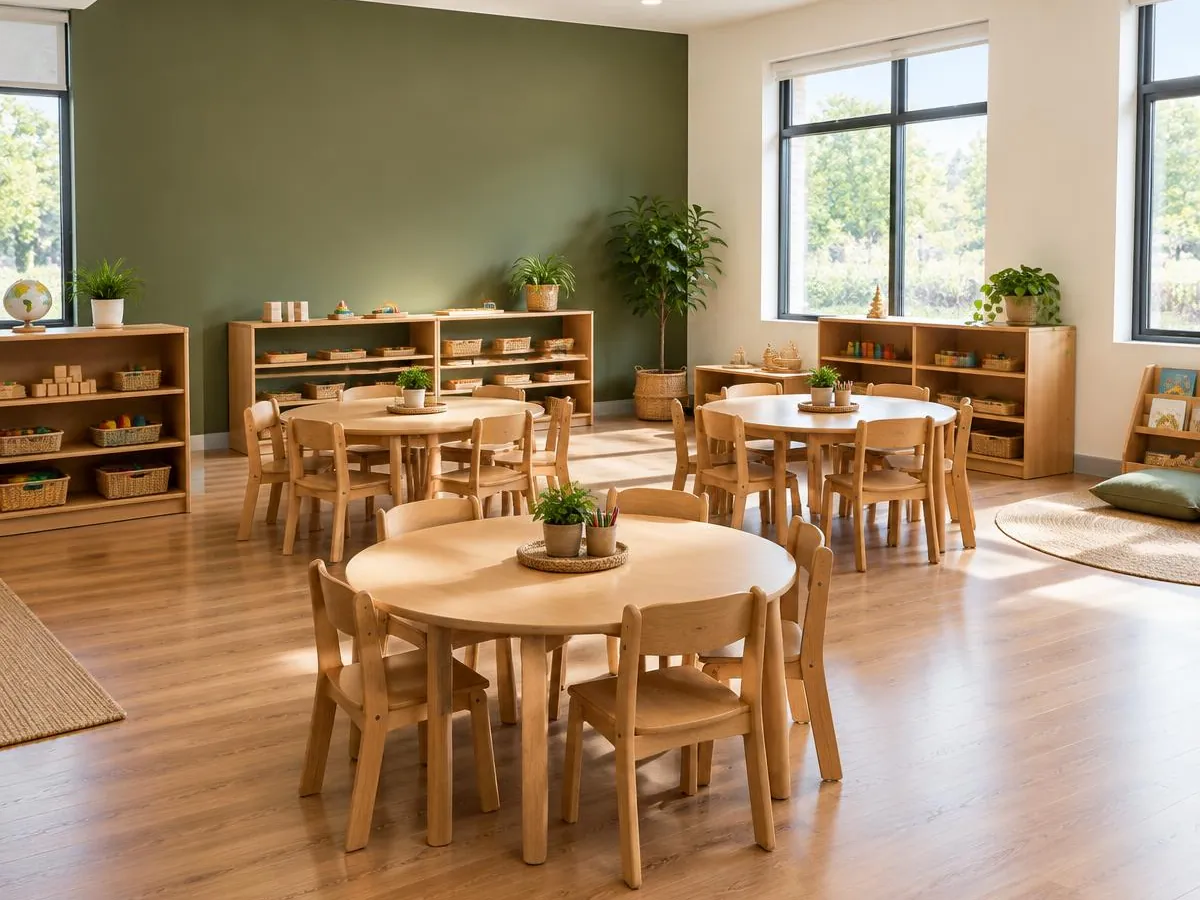 Illustrative photo: a bright classroom with round wooden tables and learning shelves
