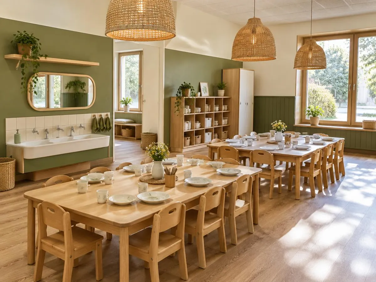 Illustrative photo: a dining area with low wooden tables and a child-height handwashing basin