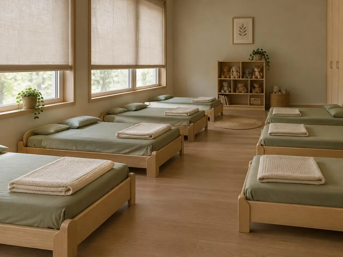 Illustrative photo: a nap room with rows of low wooden beds and sage-green sheets