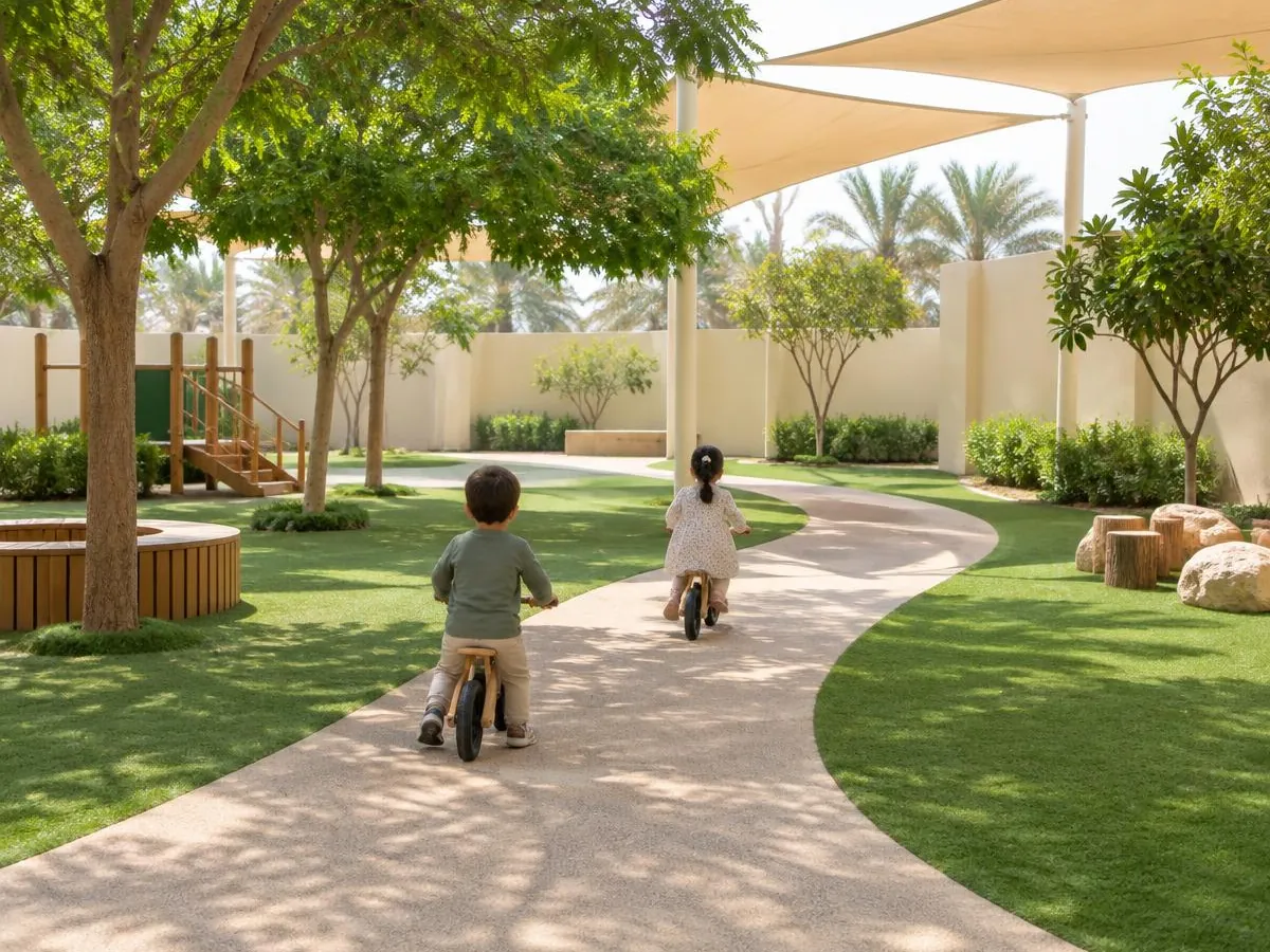Illustrative photo: children, seen from behind at a distance, riding balance bikes in a shaded garden