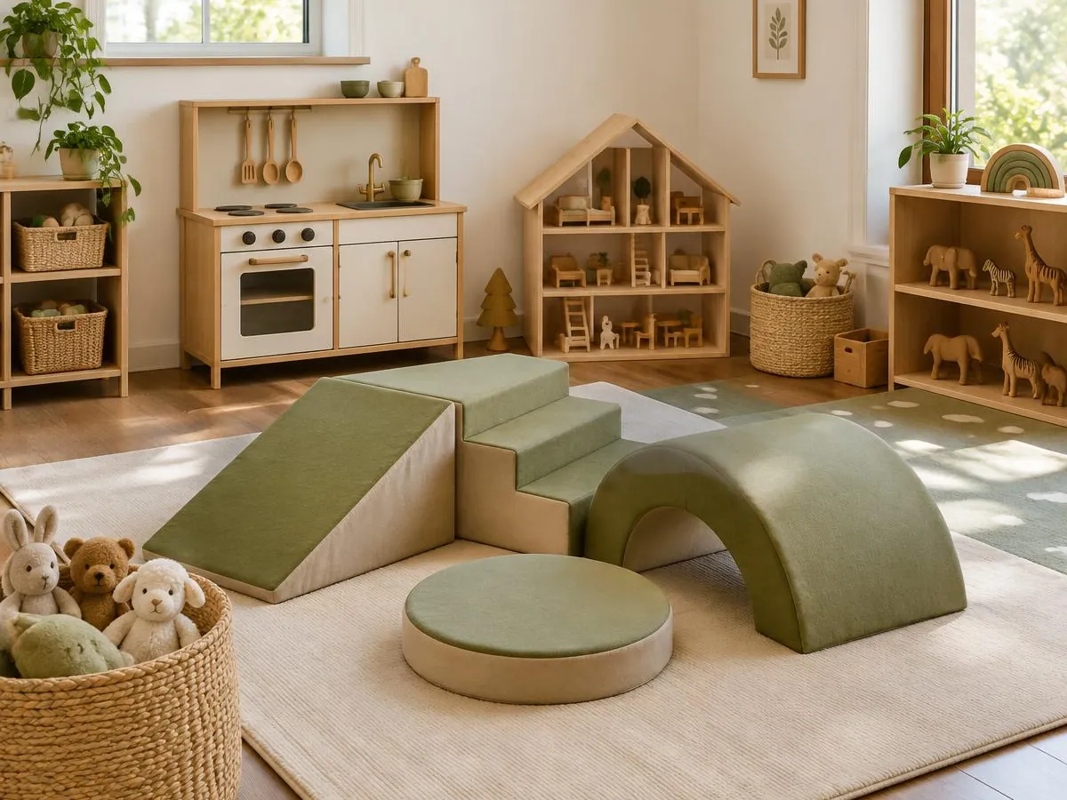 Illustrative photo: an indoor play area with soft climbing shapes, a play kitchen and a dollhouse