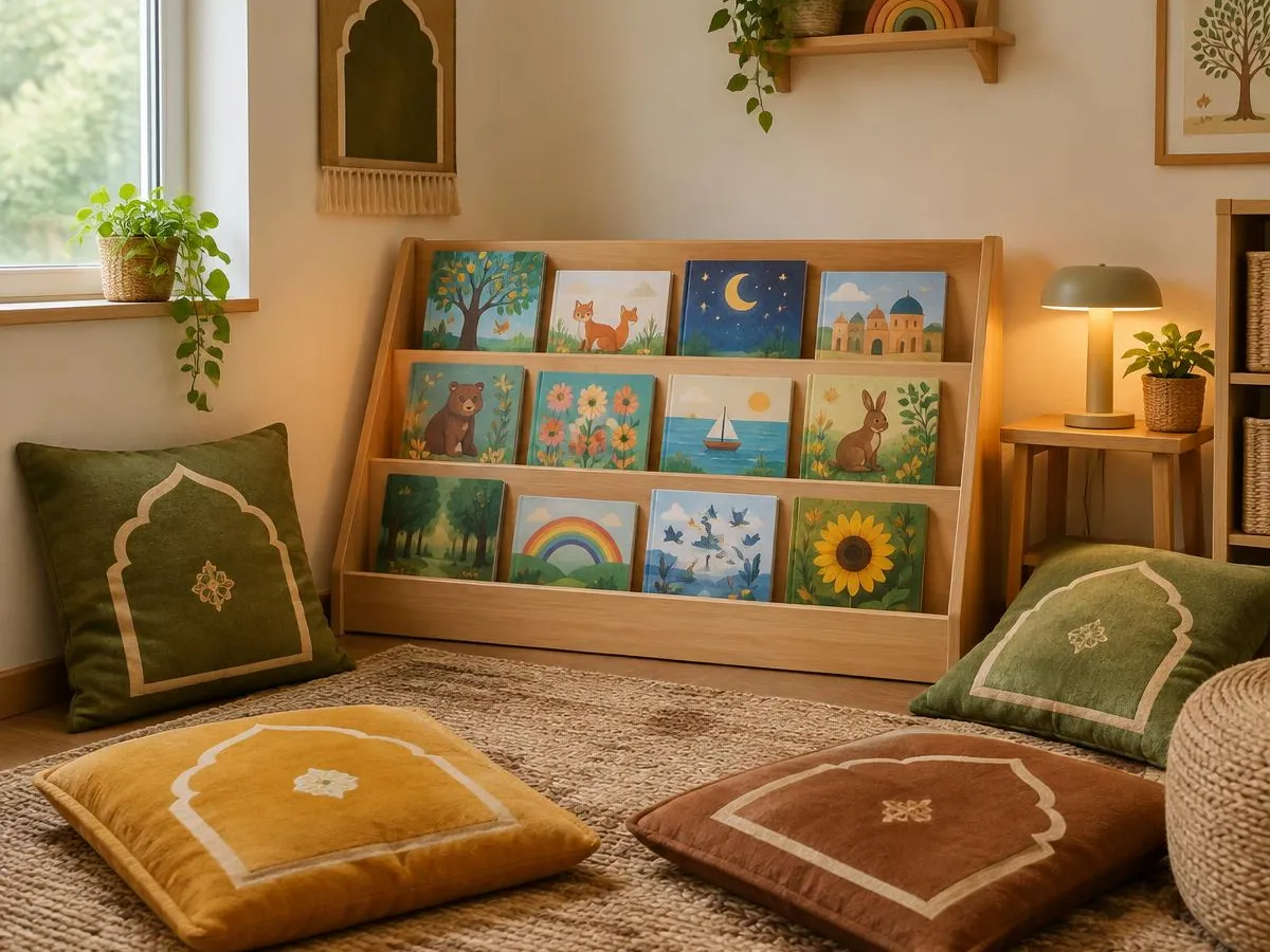 Illustrative photo: a cosy reading corner with picture books and prayer-rug-patterned cushions