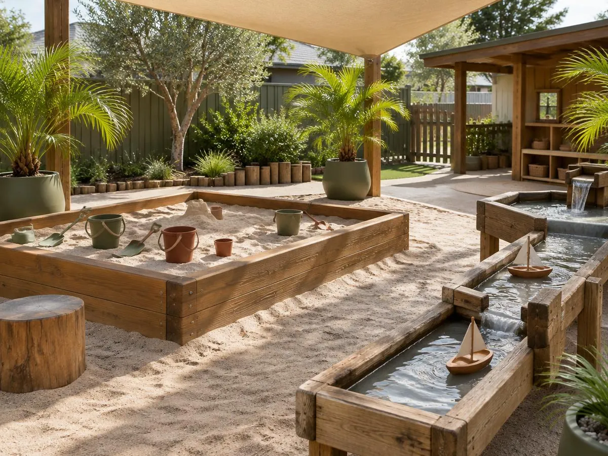 Illustrative photo: a shaded sandpit and wooden water channel with toy boats