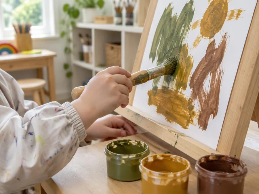 Illustrative photo: a child's hand painting with green, ochre and brown paint at an easel