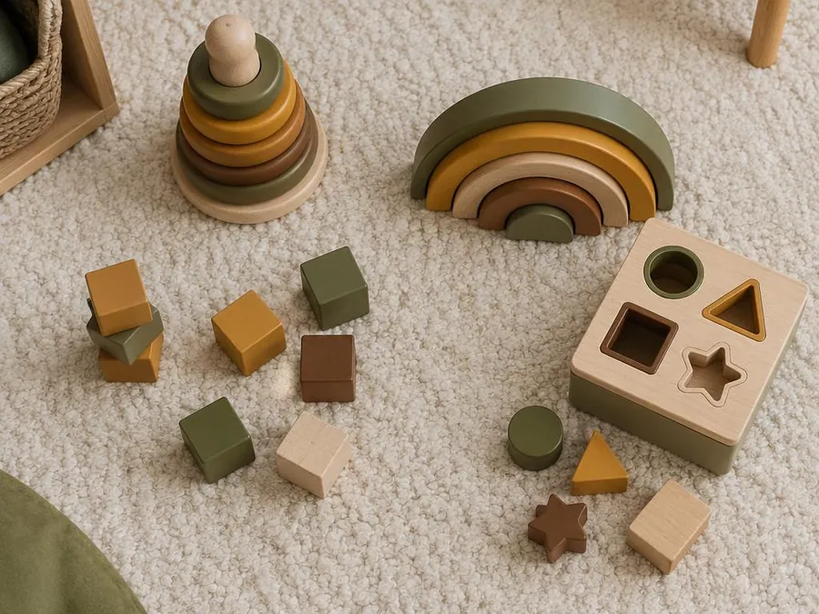 Illustrative photo: wooden stacking toys, blocks and a shape sorter on a soft rug