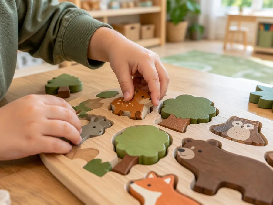 Illustrative photo: a child's hands fitting pieces into a wooden animal puzzle